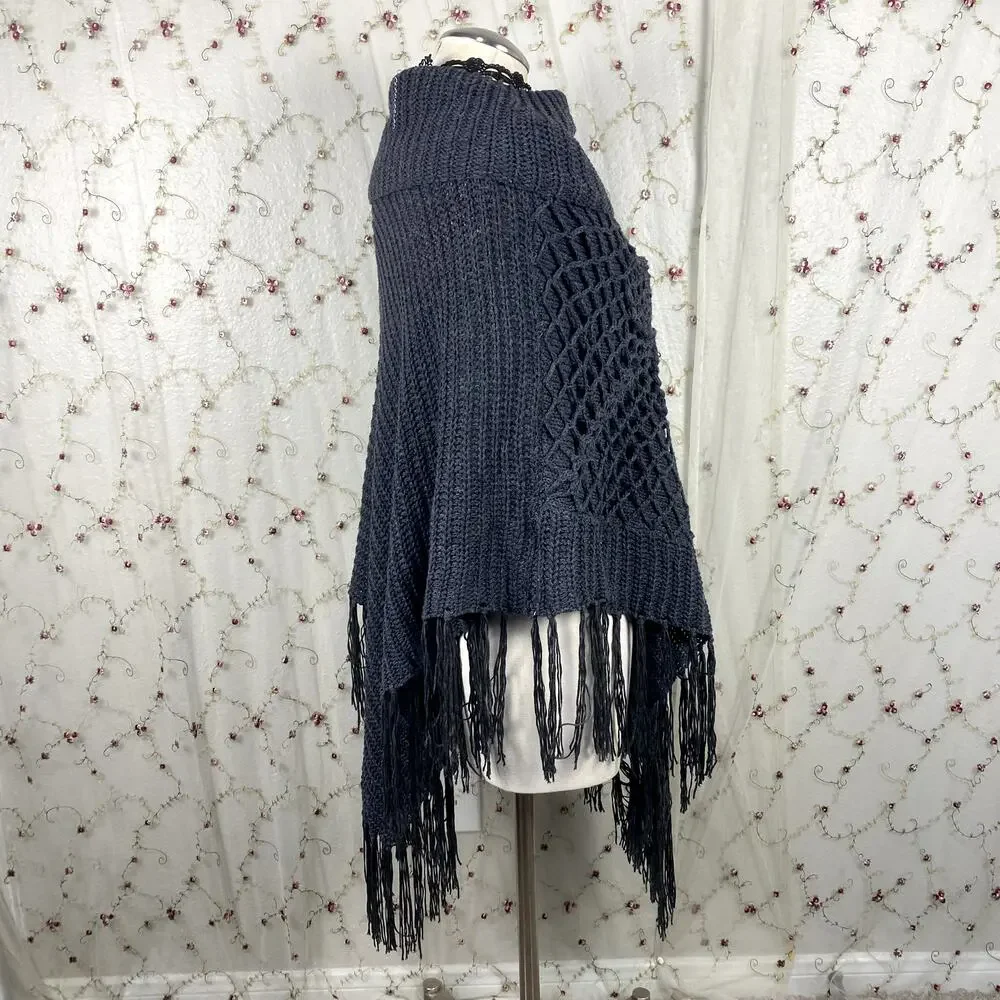 The Classic Gray Knit Tassel Fold Over Neckline Boho Hippie Earthy Poncho Shawl‎